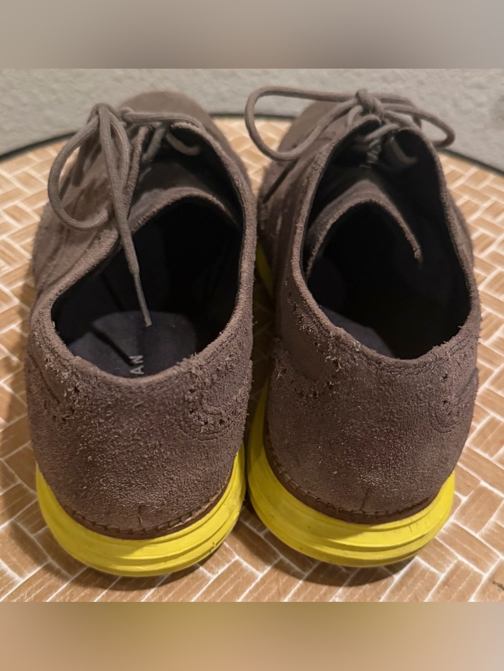 Cole Haan Gray Suede Wingtip Oxford Shoes with Yellow Soles - Men's Size 9 - Picture 4 of 9